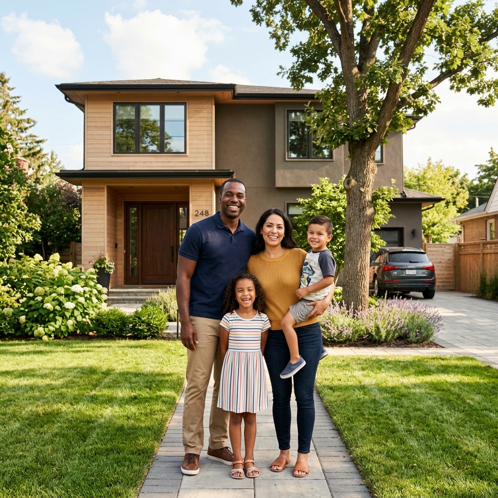 Happy family standing together in front of their home