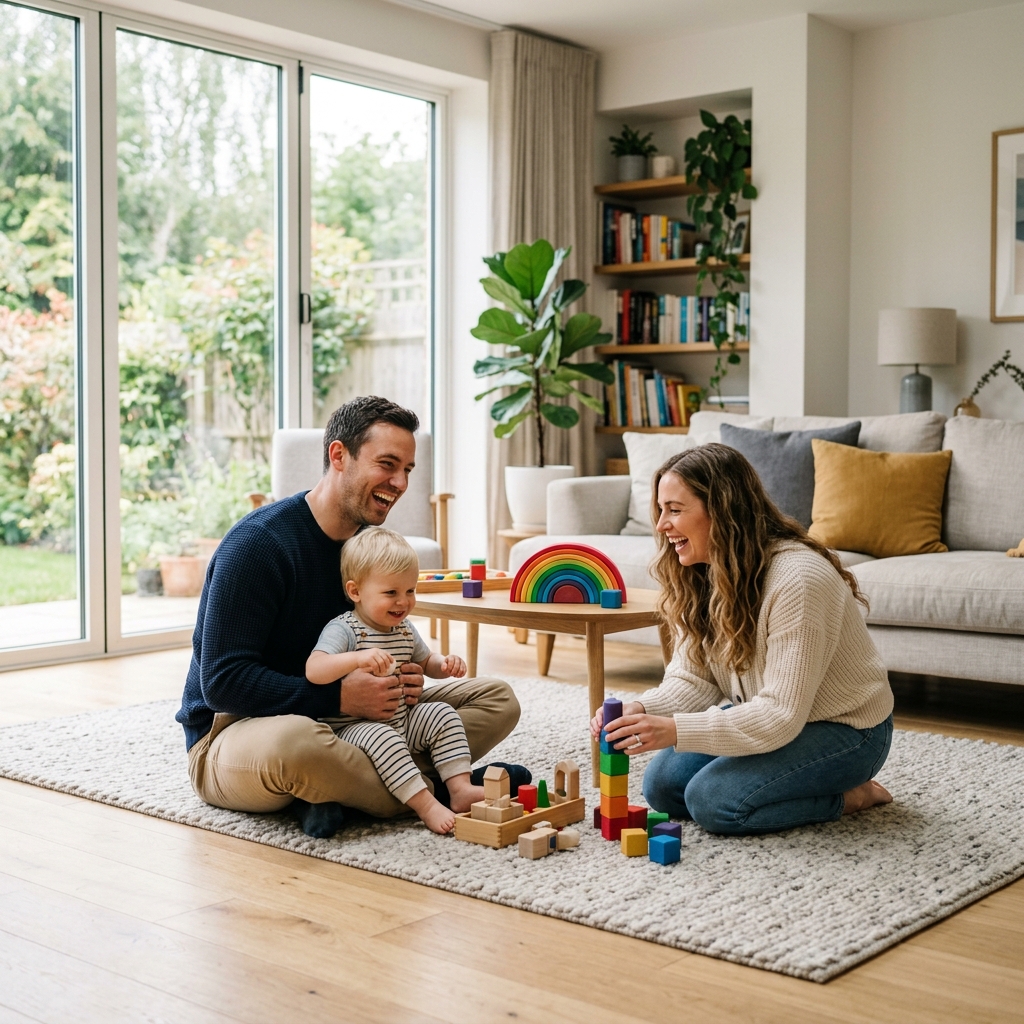 Young family playing in living room representing protection